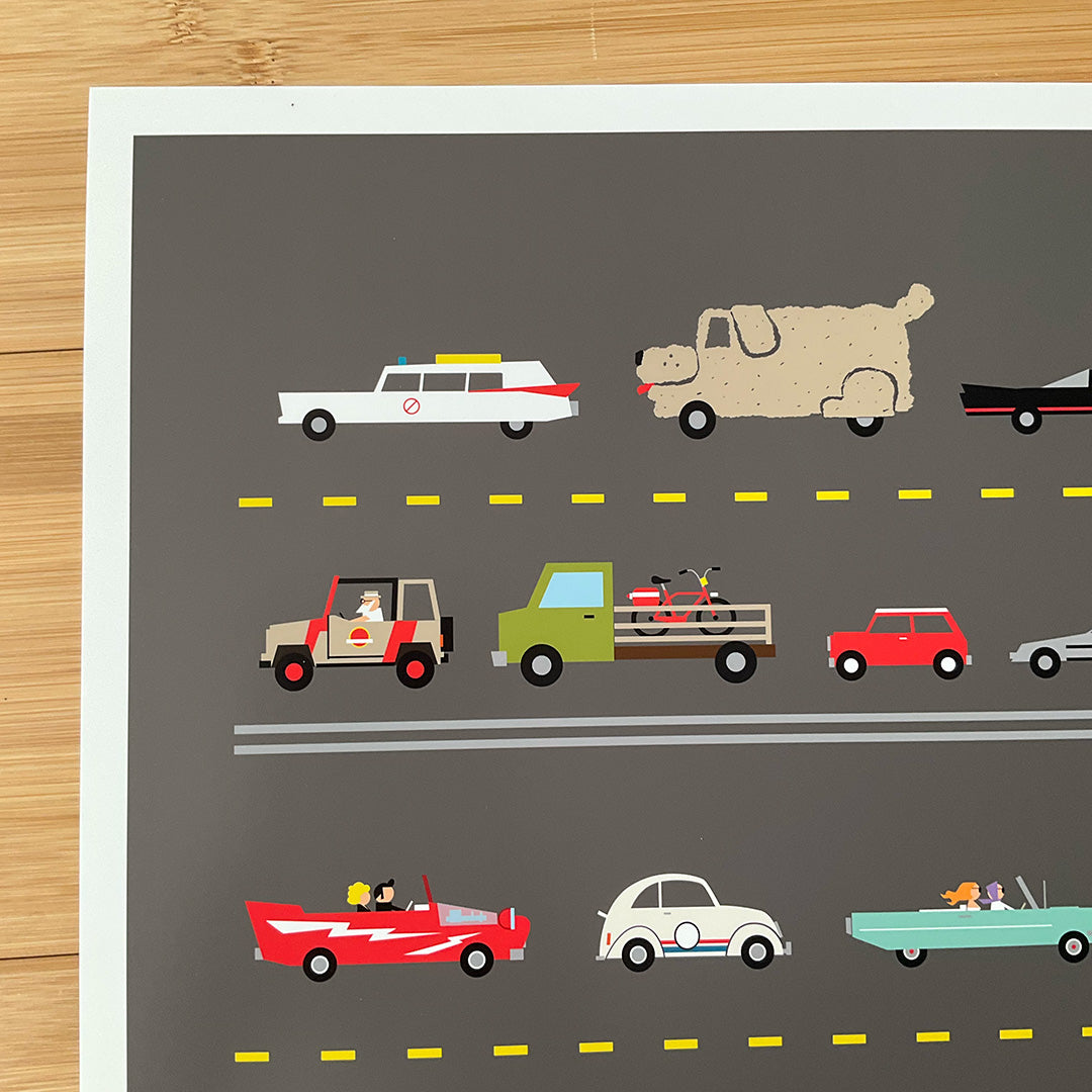 close up of art print of famous hollywood cars