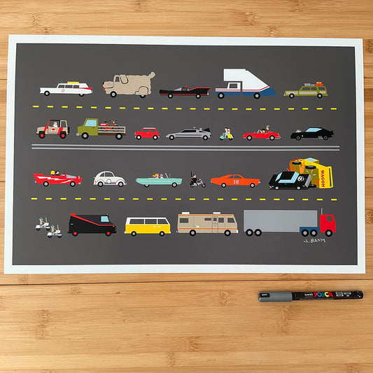 art print of famous hollywood cars