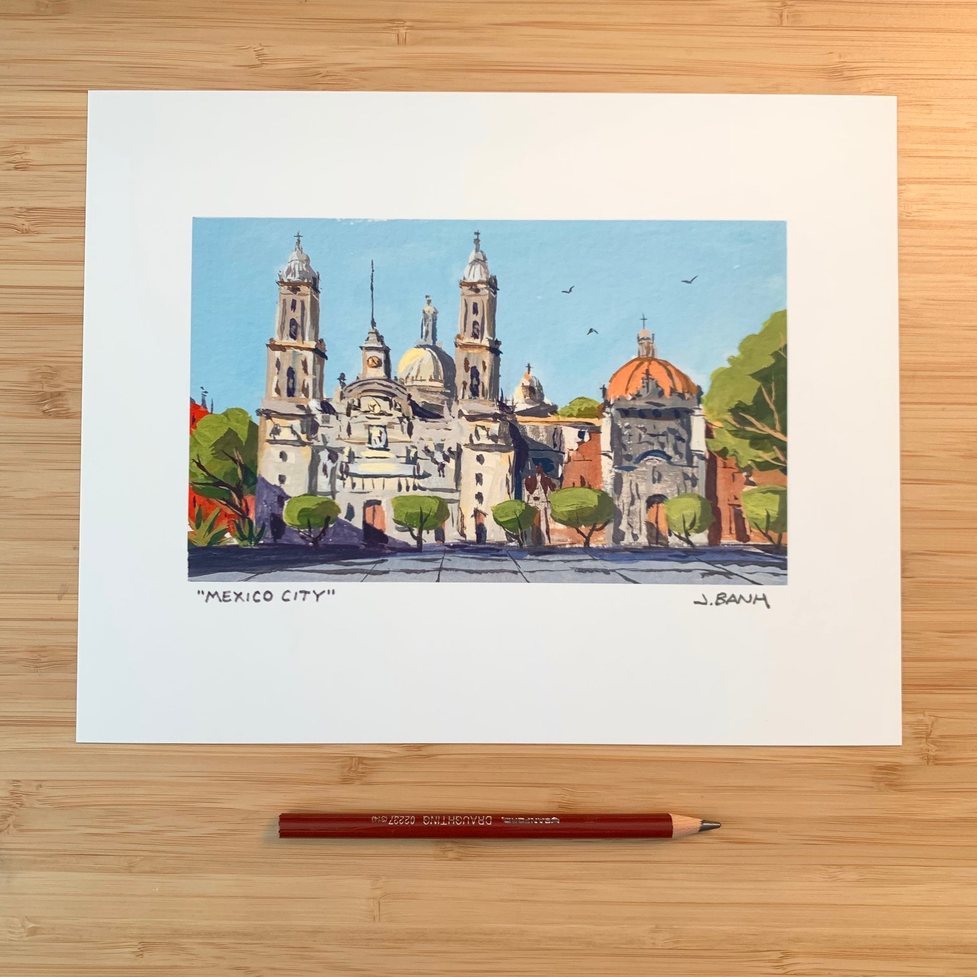 8 x 10 art print of a painting of a cathedral in mexico city