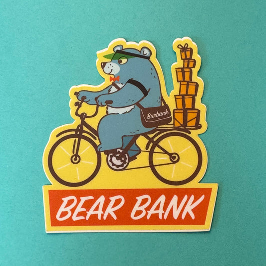 Bear Bank - Bear delivering Portos Pasteries with a Burbank messenger bag - STICKER