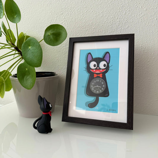 display of a framed cat clock artwork with working clock 
