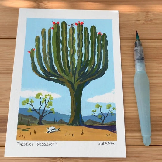 painting of cactus tree with a bird on top and cow skull on the ground
