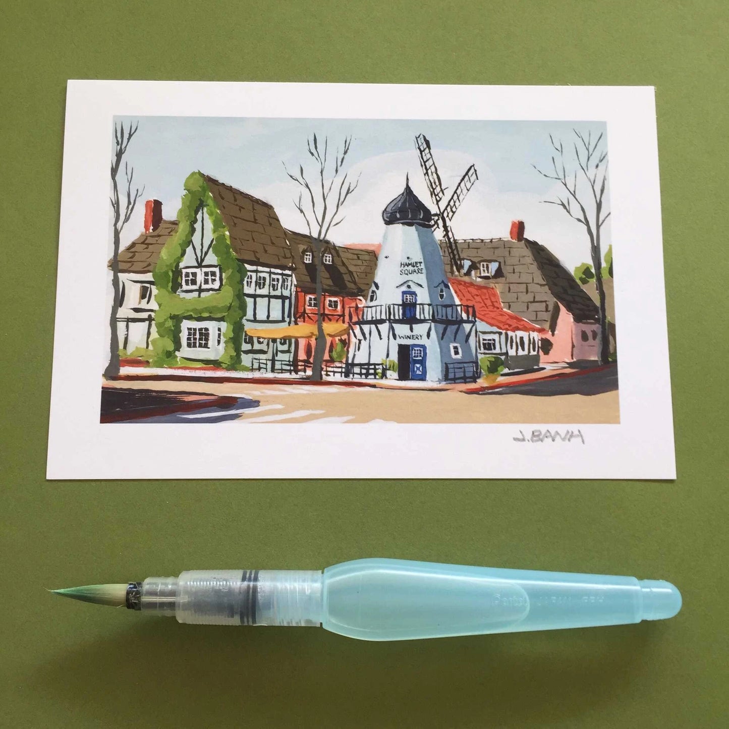 art print of the blue windmill in solvang ca