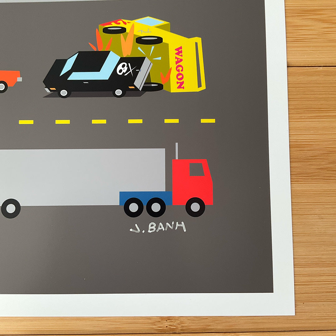 close up of art print of famous hollywood cars signed