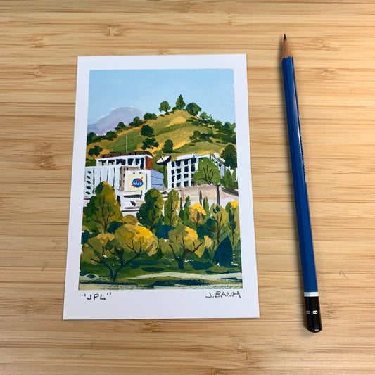 print of a plein air painting of JPL in pasadena