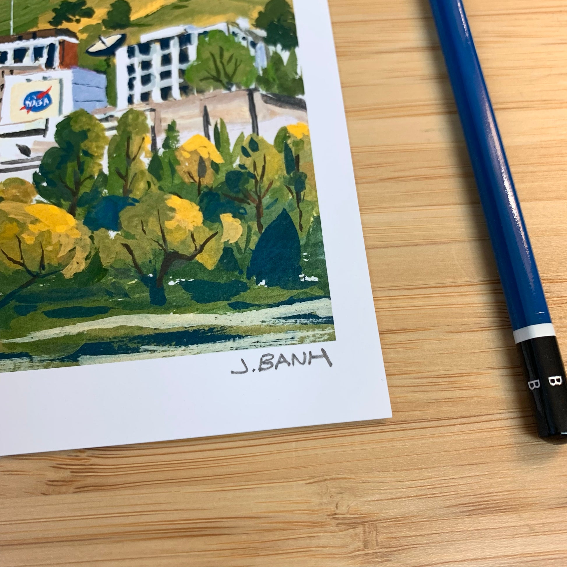 close up of print of a plein air painting of JPL in pasadena